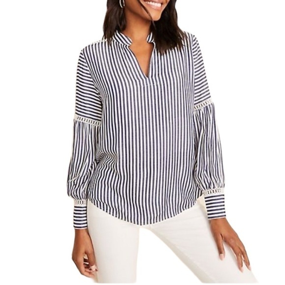Ann Taylor Navy White Striped Balloon Sleeve Top Blouse - Size XXSP - Picture 1 of 15